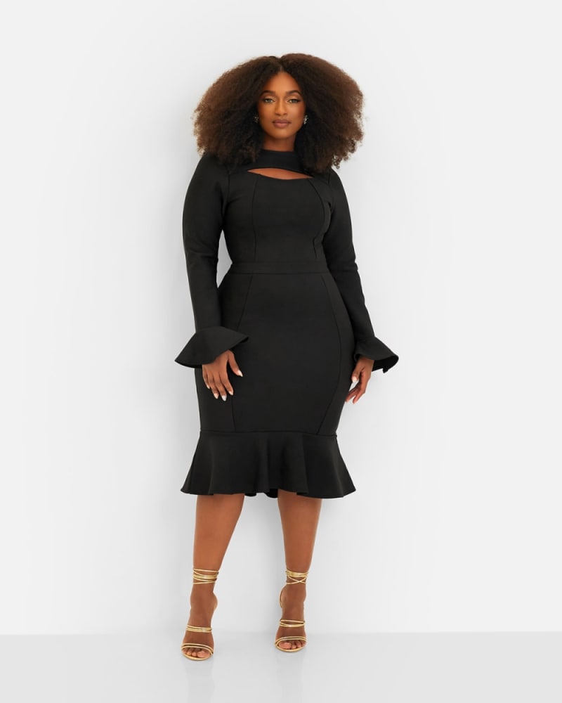 Front of a model wearing a size 1X Amie Bandage Bell Sleeve Midi Bodycon Dress - Black in Black by Rebdolls. | dia_product_style_image_id:328496